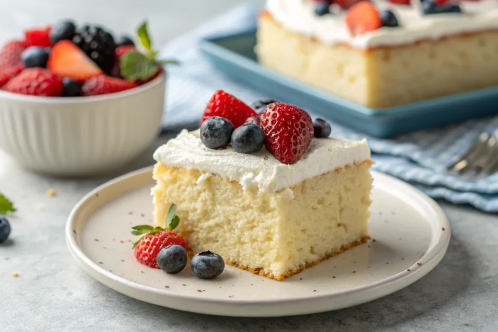 A slice of naturally delicious kefir sheet cake with a moist texture and fresh berries.