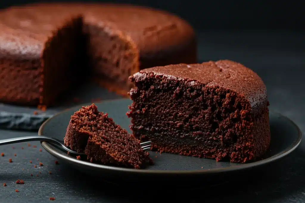 A tempting slice of chocolate cake revealing a moist, fudgy interior, showcasing the texture of what could be the World's Best Chocolate Cake