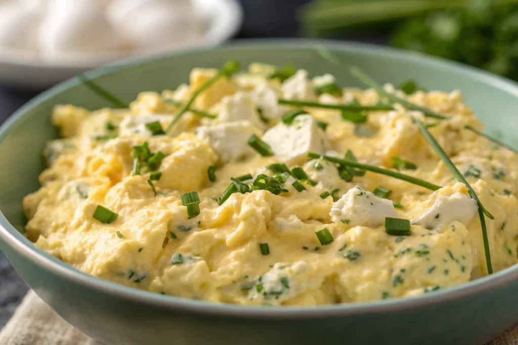 Does cottage cheese taste good with eggs? Close-up of creamy egg and cottage cheese scramble.