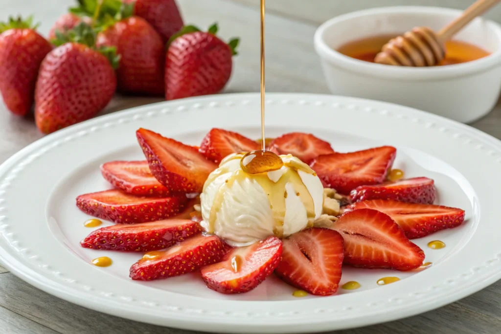 Strawberries and cream with a drizzle of honey