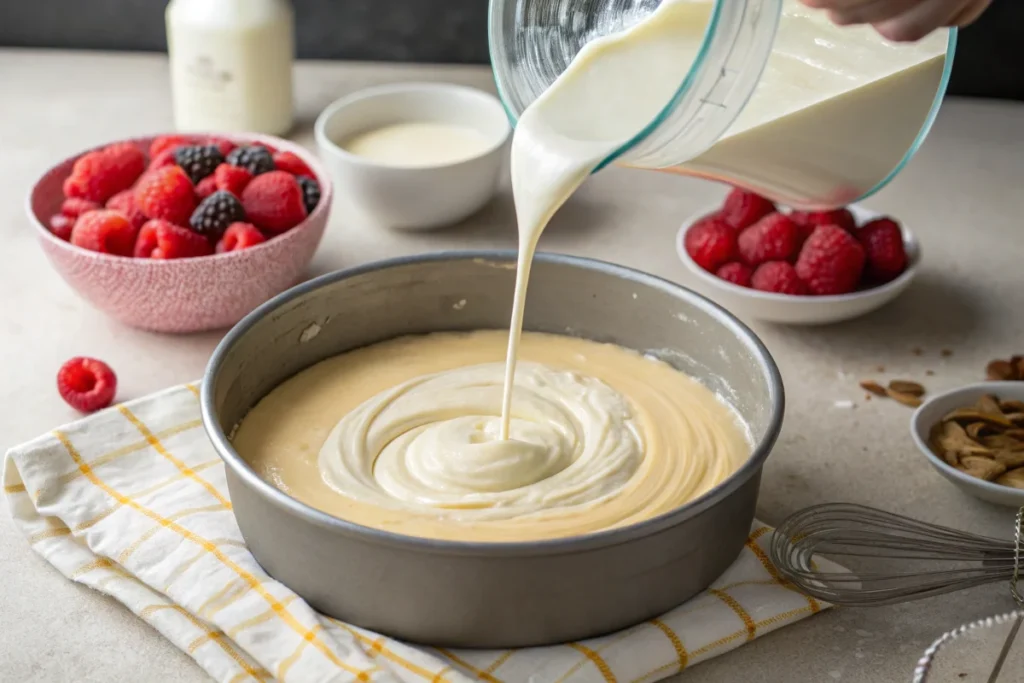 Kefir being poured into cake batter, a step in making a naturally delicious cake.