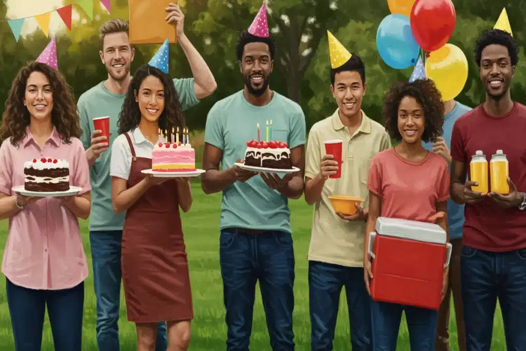 Friends and family contributing to a gender reveal party, highlighting the community spirit in determining who pays for a gender reveal party.