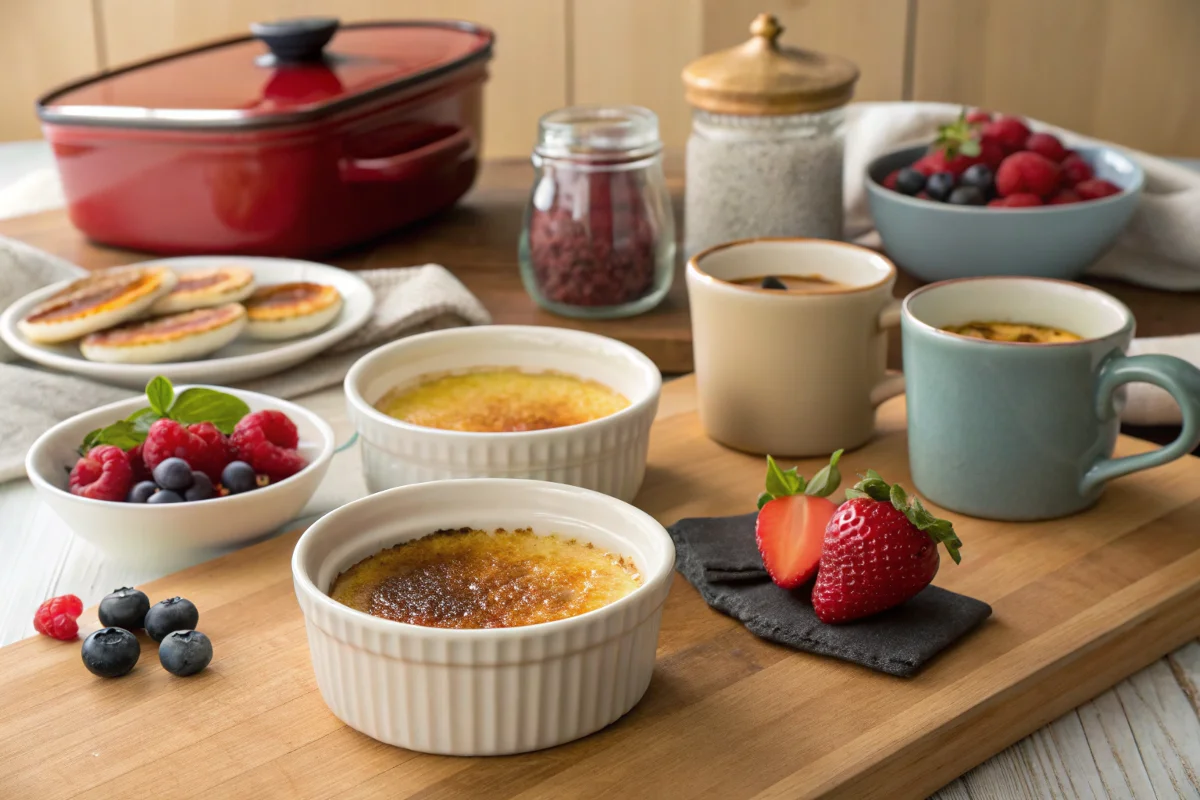 Assortment of alternative baking vessels for crème brûlée including small bowls, Pyrex dishes, mugs, mason jars, and metal molds, each filled with crème brûlée
