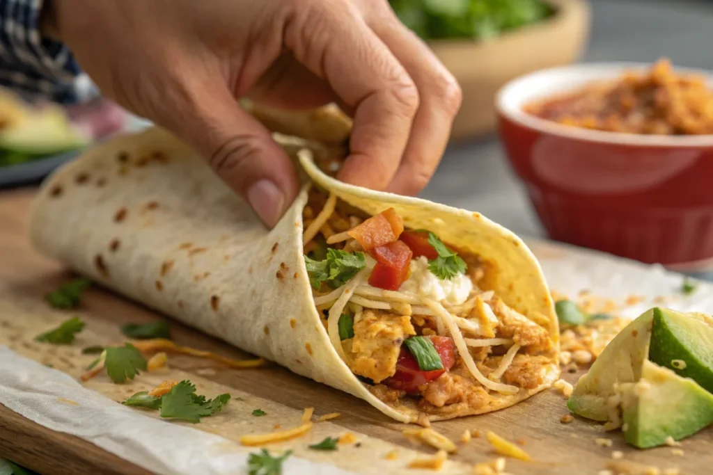 Hands Filling an Enchilada with Chicken and Cheese
