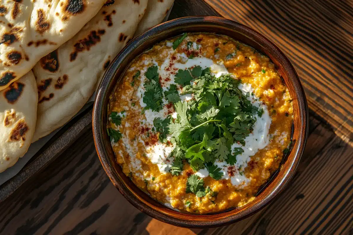 Baingan Bharta: A delicious Indian eggplant dish served with naan bread.