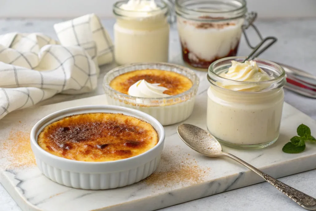 Best cream for crème brûlée: selection of cream options and ramekins of creme brulee with caramelized sugar tops