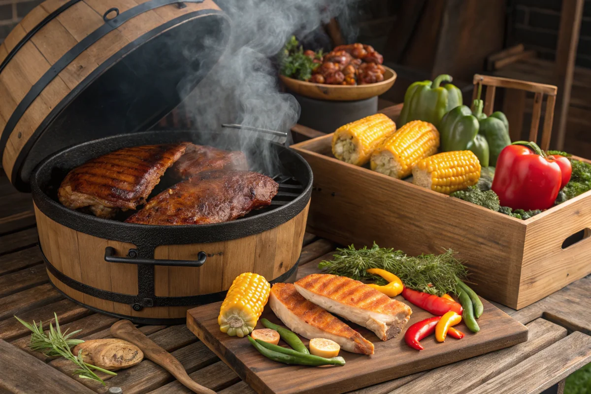 A variety of foods being smoked in a smoker, including brisket, chicken, and vegetables.