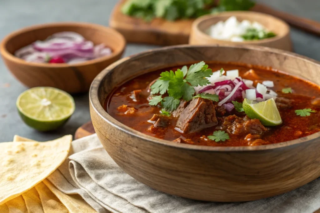 A bowl of birria taco soup with tender meat, fresh toppings, and tortillas.