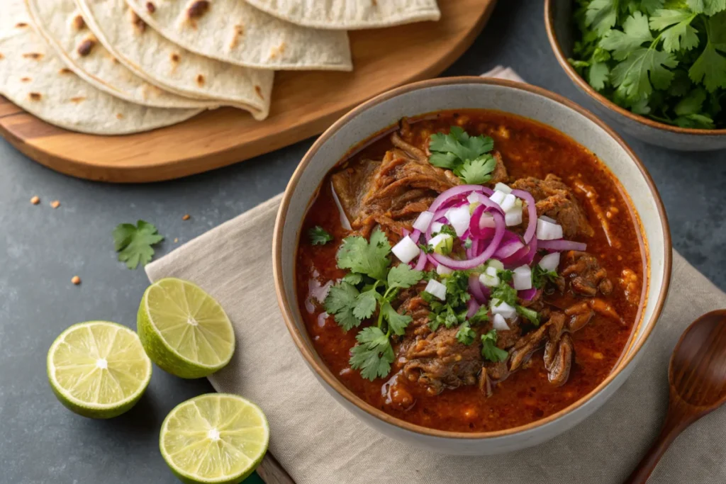 Birria taco soup served with tortillas for dipping