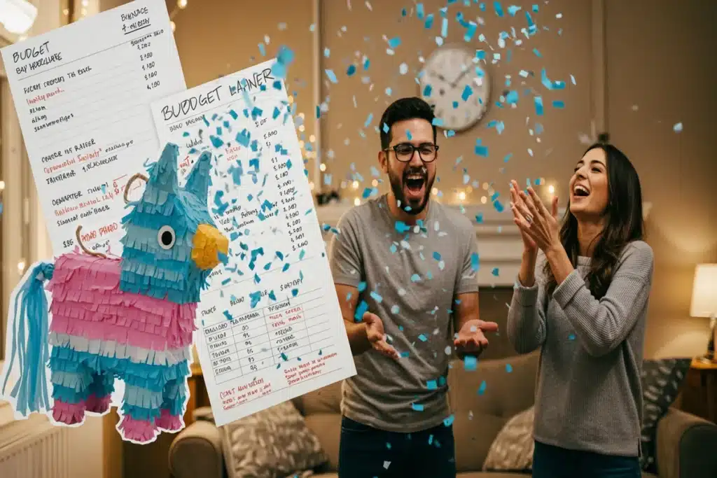 Joyful gender reveal party with blue confetti, subtly illustrating the budget considerations of who pays for a gender reveal party