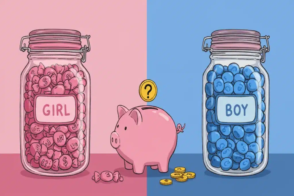 Illustrative comparison of 'boy' and 'girl' gender reveal candy jars, with a piggy bank symbolizing who pays for a gender reveal party