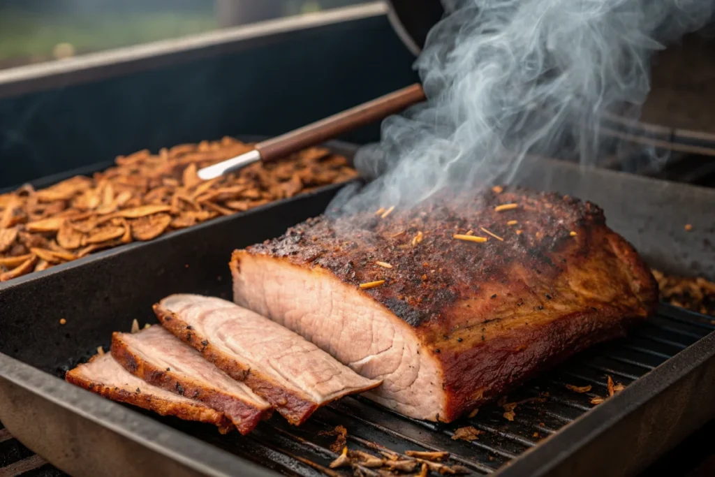 Best food for a smoker : A perfectly smoked brisket with a golden-brown crust in a smoker.