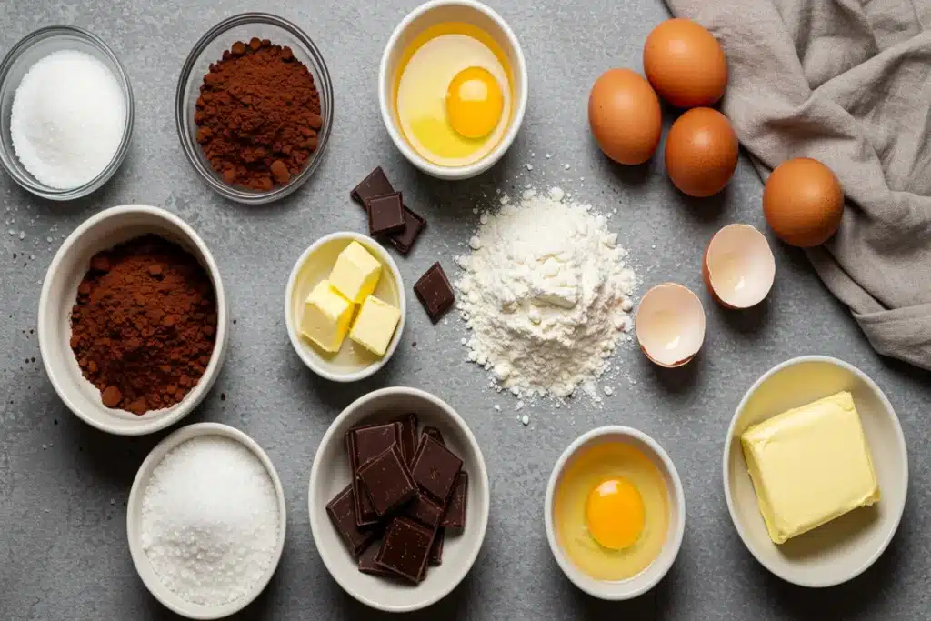 Key ingredients for the World's Best Chocolate Cake, including cocoa powder, chocolate, flour, sugar, eggs, and butter