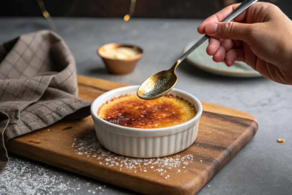 Hand caramelizing creme brulee without ramekins with a hot spoon.