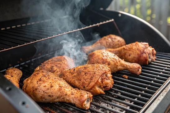 Chicken pieces cook in smoker