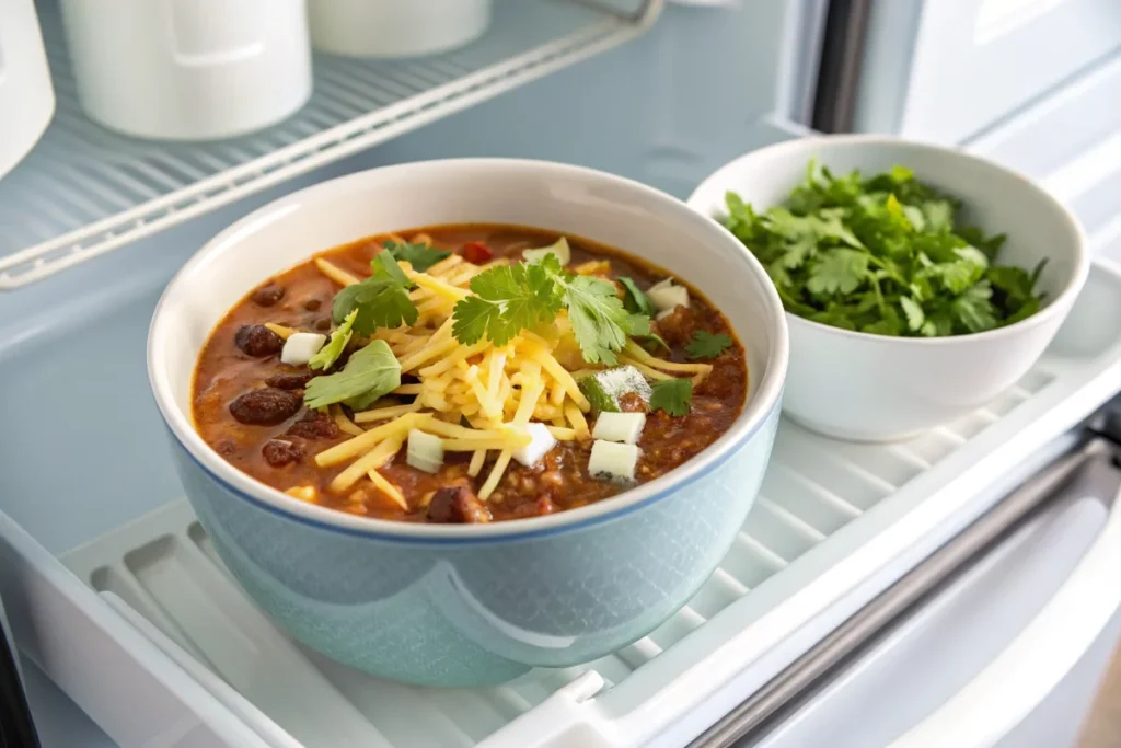 Taco Soup Frios chilling in the refrigerator, ready to serve with cheese and cilantro on top.