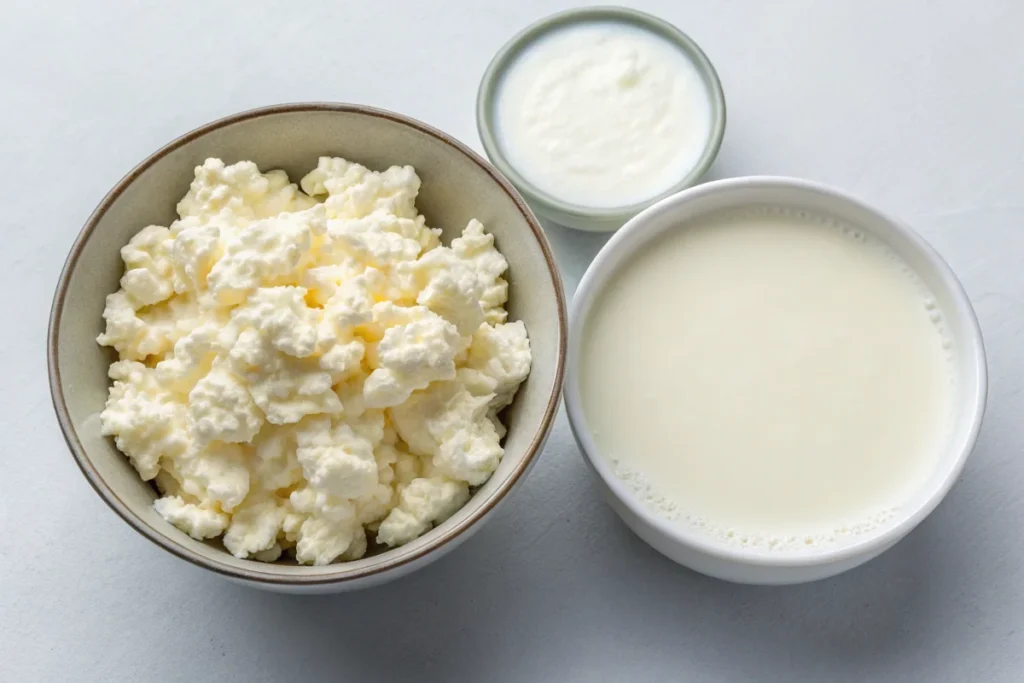 naturally kefir instead of buttermilk in cake : A close-up view of kefir and buttermilk showing the differences in consistency and texture, and their different properties when used as Kefir Instead of Buttermilk.