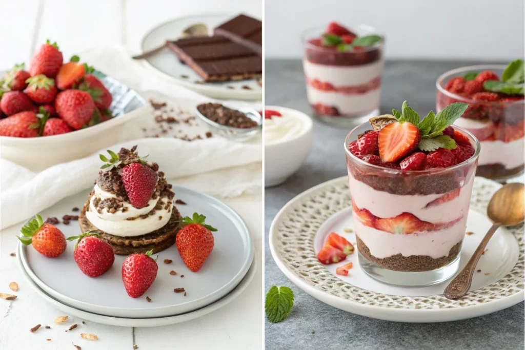 A collage of images showcasing different modern takes on strawberries and cream." or "An artistic deconstruction of strawberries and cream