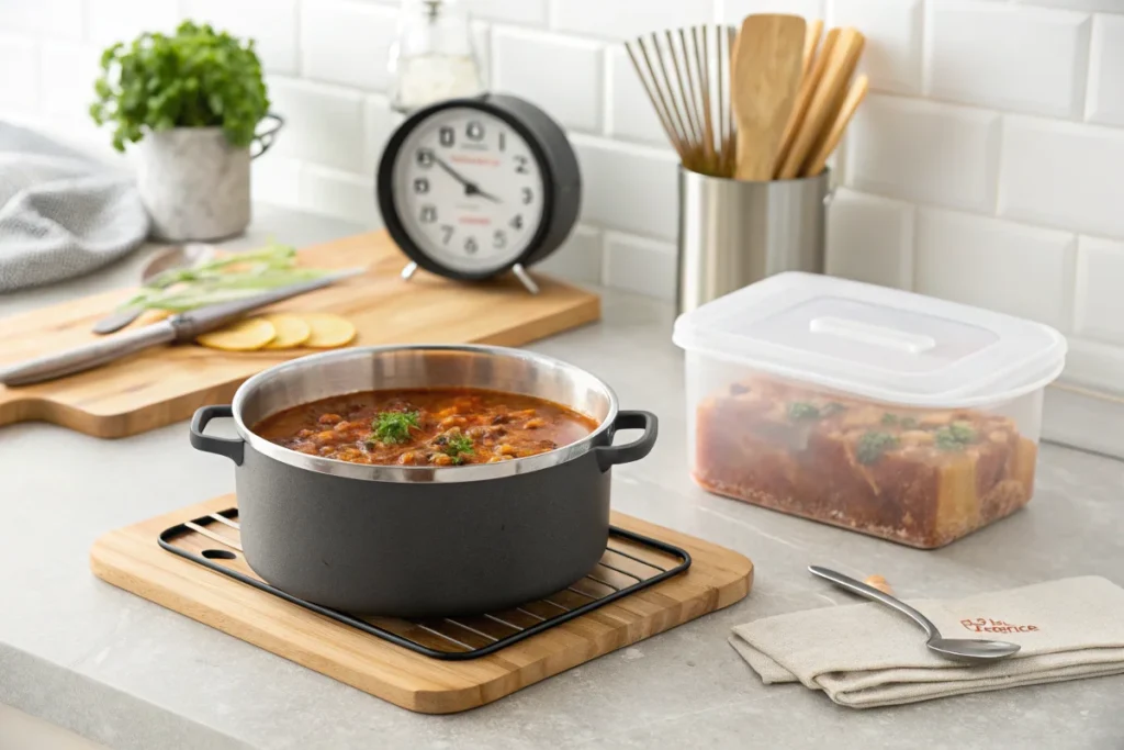 How Long Will Taco Soup Last? A pot of taco soup cooling on a counter next to an airtight container