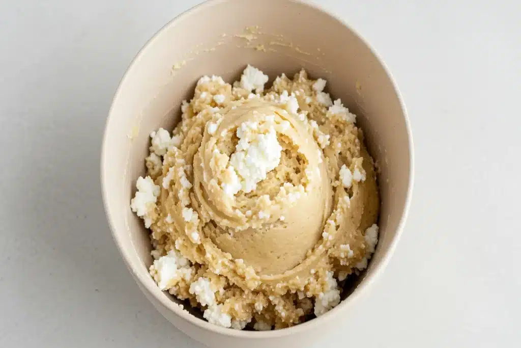 Cottage cheese cookie dough: A bowl of cookie dough with cottage cheese.