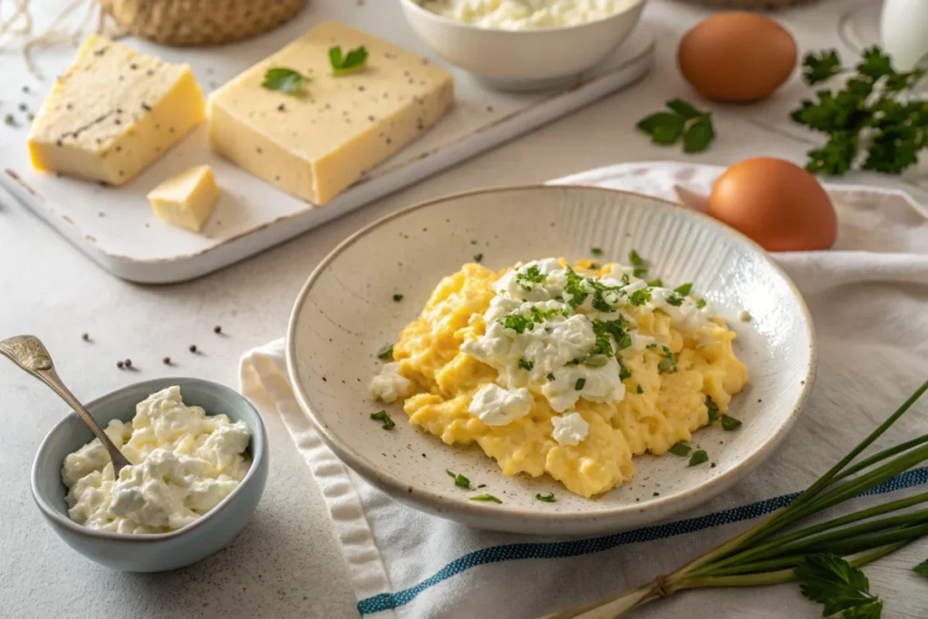 Does cottage cheese taste good with eggs? : Fluffy scrambled eggs mixed with creamy cottage cheese and fresh herbs on a plate.