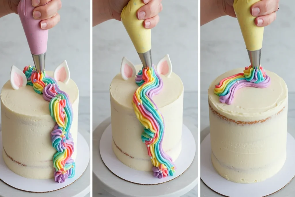 Piping a Unicorn Cake Mane: Step-by-step images showing the process of creating a colorful mane