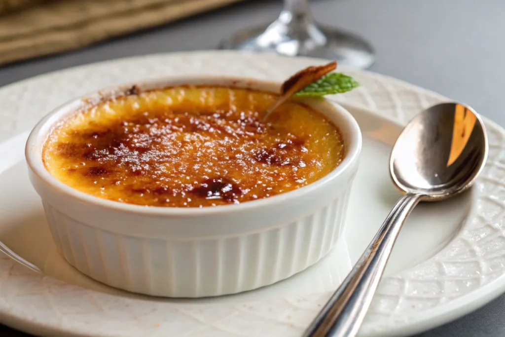 Classic Cream for Creme Brulee with a perfectly caramelized sugar top in a ramekin.
