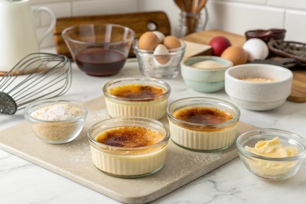 A variety of ramekin substitutes like glass bowls, Pyrex dishes, and ceramic mugs with crème brûlée dishes topped with caramelized sugar on a kitchen countertop.