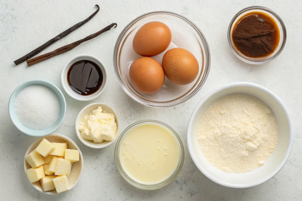 Ingredients for creme brulee without ramekins laid out.