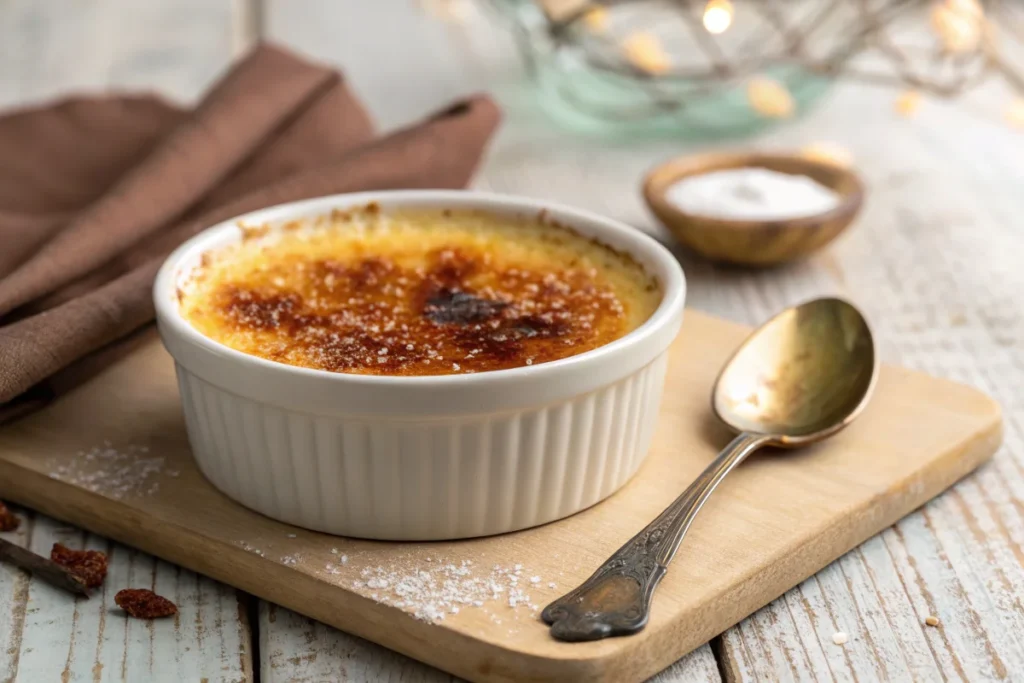 A delicious crème brûlée with a perfectly caramelized sugar topping, served in a ramekin, highlighting the difference between creme brulee vs custard.
