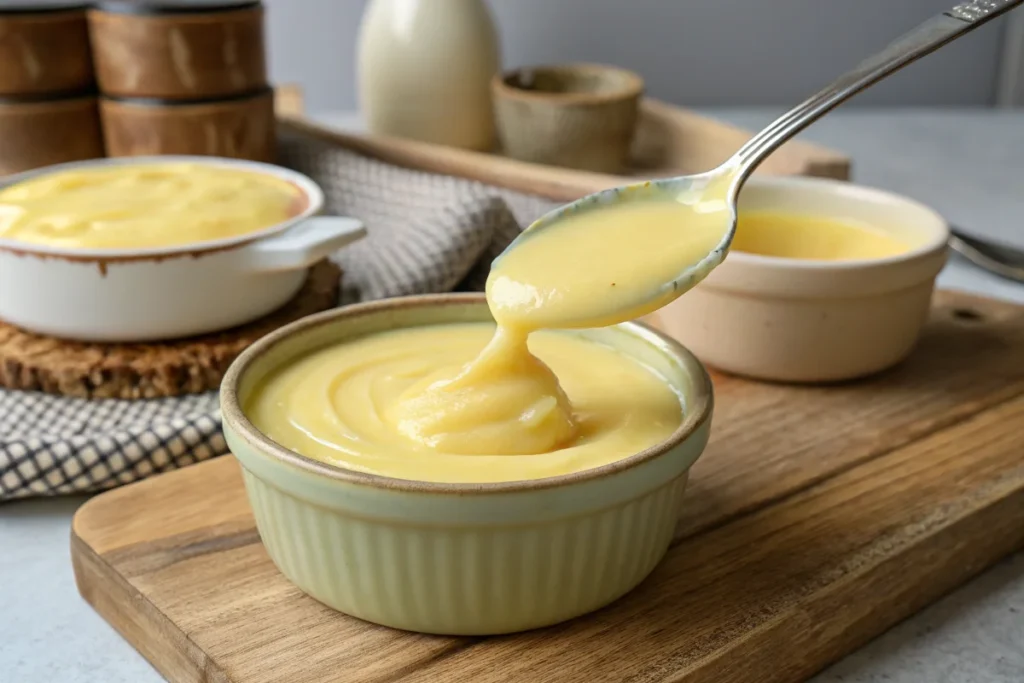 A spoon lifting a smooth, creme brulee vs Custard from a small bowl