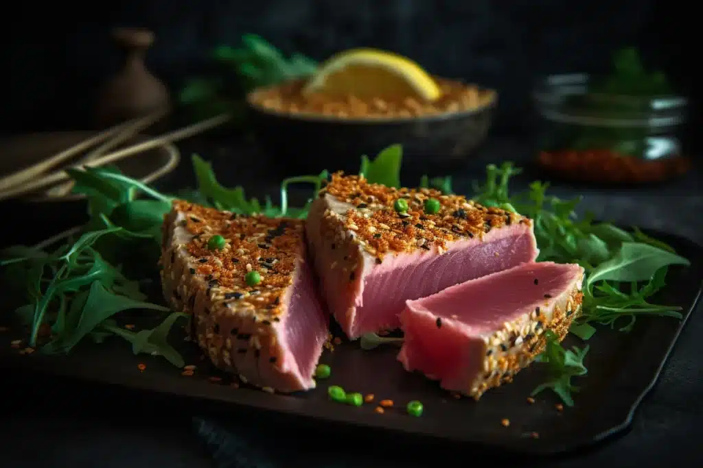 Sliced seared ahi tuna with sesame seeds.