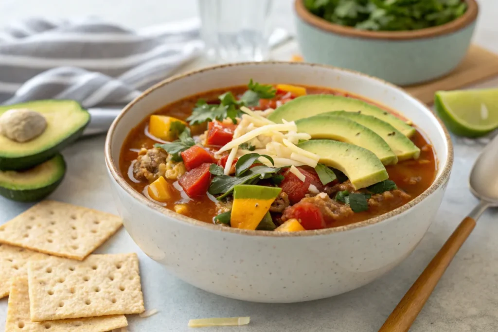 Low-carb taco soup with vegetables like zucchini, bell peppers, and avocado.