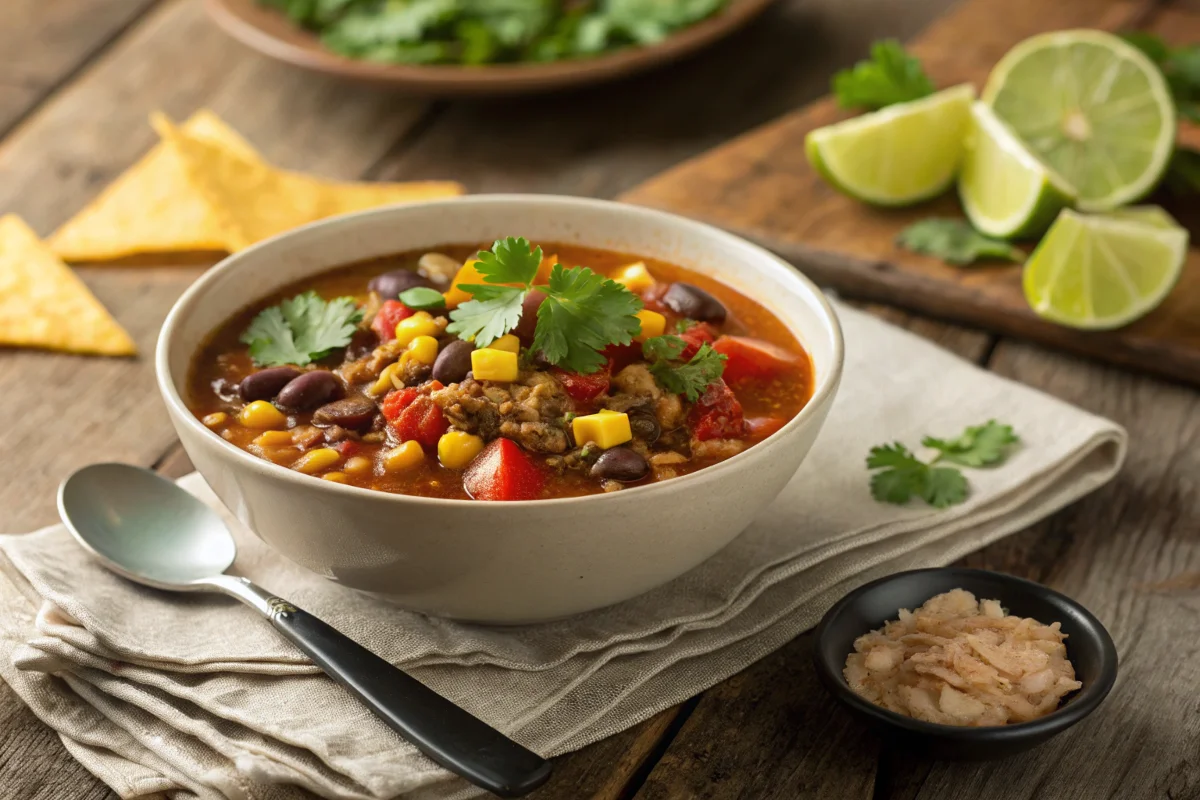 A vibrant bowl of taco soup with beans, corn, and fresh garnishes.