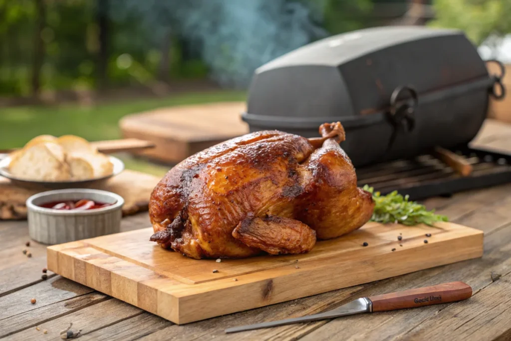 Smoker Recipe : Smoked chicken on a cutting board, a simple recipe for beginners.