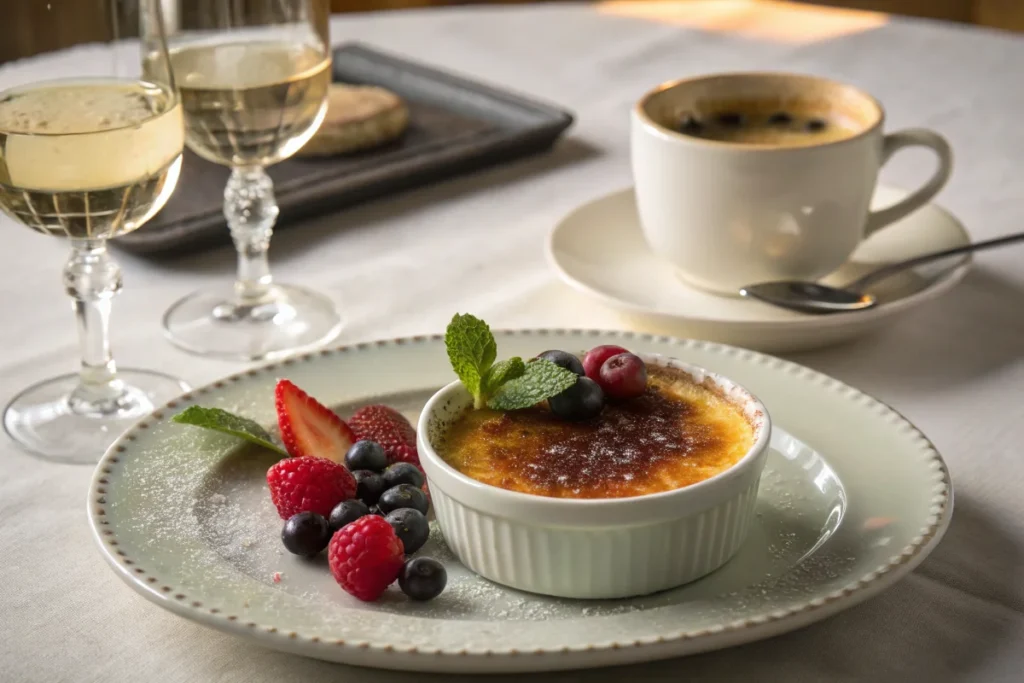 A plated crème brûlée garnished with mint and berries, paired with coffee and dessert wine.