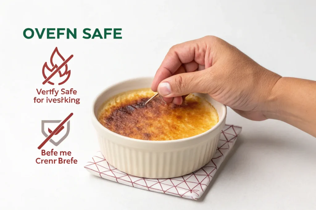 Checking a bowl for oven-safe marking to find the perfect bowl for creme brulee.