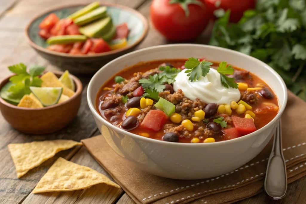A bowl of freshly made taco soup with a garnish of sour cream and cilantro on a rustic wooden table.