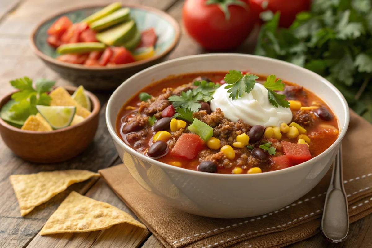 A bowl of freshly made taco soup with a garnish of sour cream and cilantro on a rustic wooden table.