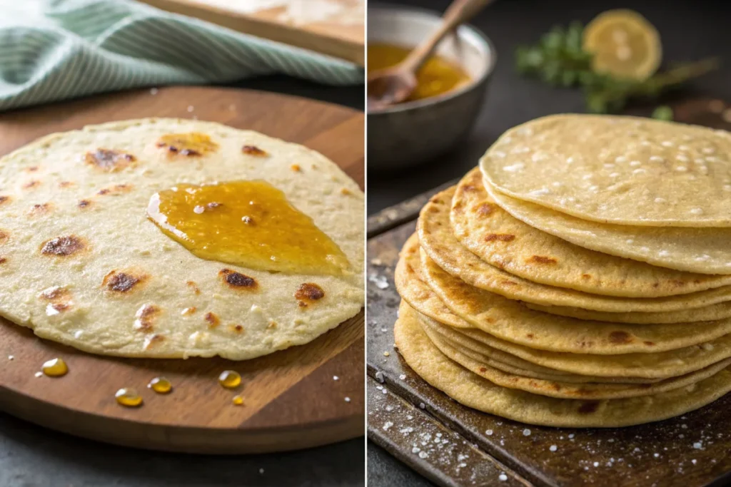 are enchiladas unhealthy : Comparison of fried tortillas (with oil) and baked tortillas (without oil) for enchiladas, illustrating how frying contributes to why are enchiladas unhealthy.
