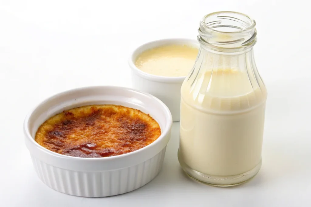 Half-and-half next to a ramekin of crème brûlée, illustrating a lighter cream option