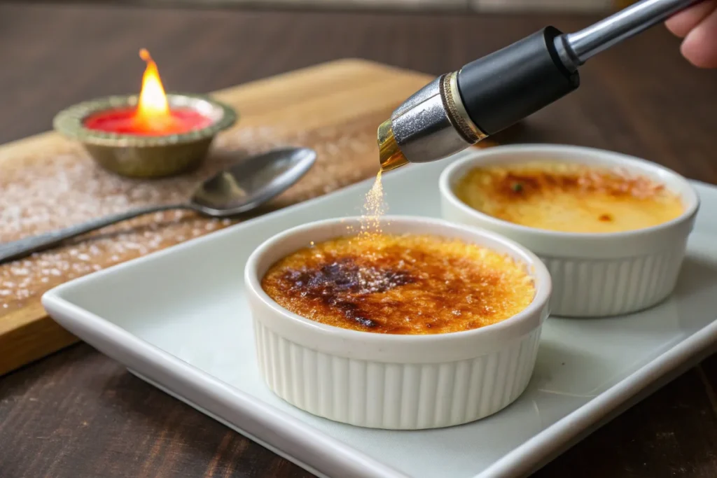 Caramelizing creme brulee with a hot spoon in the ideal bowl for creme brulee.
