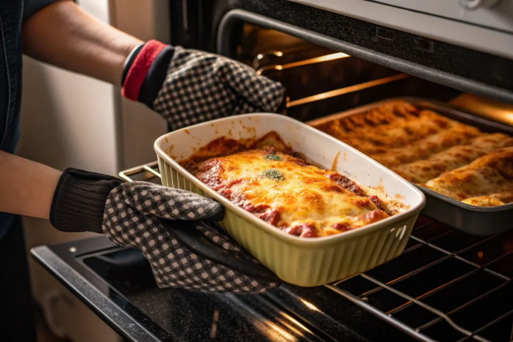 Baked Enchilada Dish Coming Out of the Oven