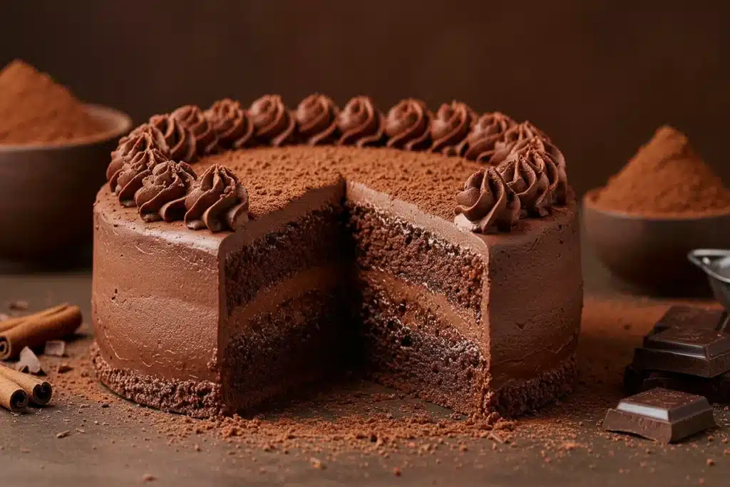 A decadent slice of chocolate cake showcasing a moist and fudgy interior, inspiring thoughts of the World's Best Chocolate Cake