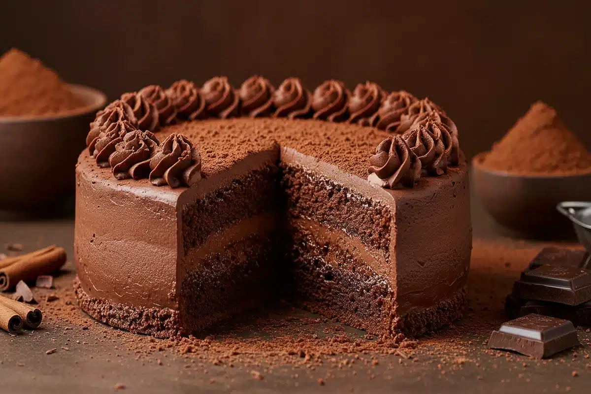 A decadent slice of chocolate cake showcasing a moist and fudgy interior, inspiring thoughts of the World's Best Chocolate Cake