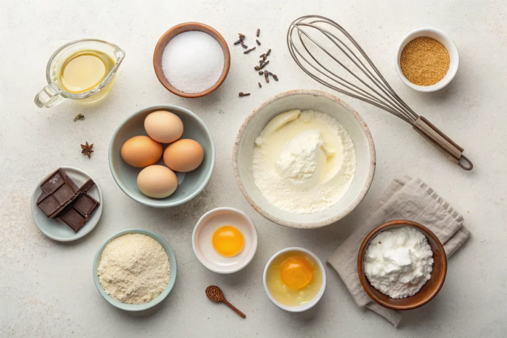 Key ingredients for a naturally delicious kefir sheet cake, including kefir, flour, sugar, eggs, and vanilla extract