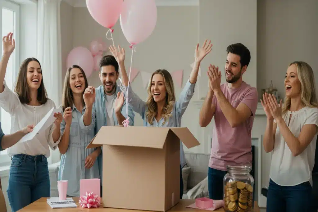 Family celebrating a gender reveal party, opening a box with pink balloons. This image represents the joy and planning involved, including considerations for who pays for a gender reveal party
