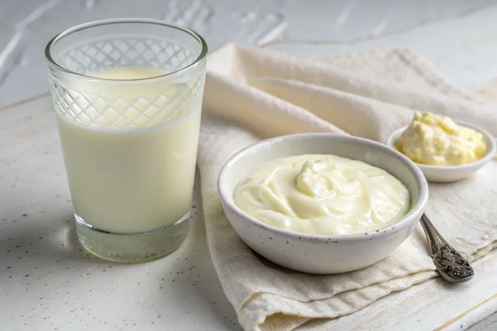 Kefir Instead of Yogurt : A close-up comparison of kefir and yogurt, highlighting their differences in texture and consistency