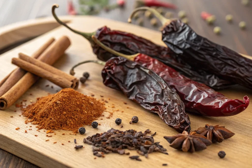Dried chiles and spices for birria taco soup