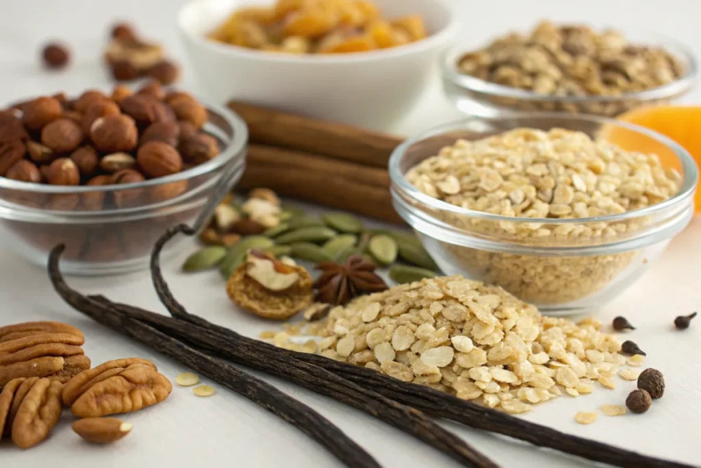 Healthy Vanilla Granola : Natural Ingredients of Vanilla Granola: Oats, Nuts, Seeds, and Vanilla